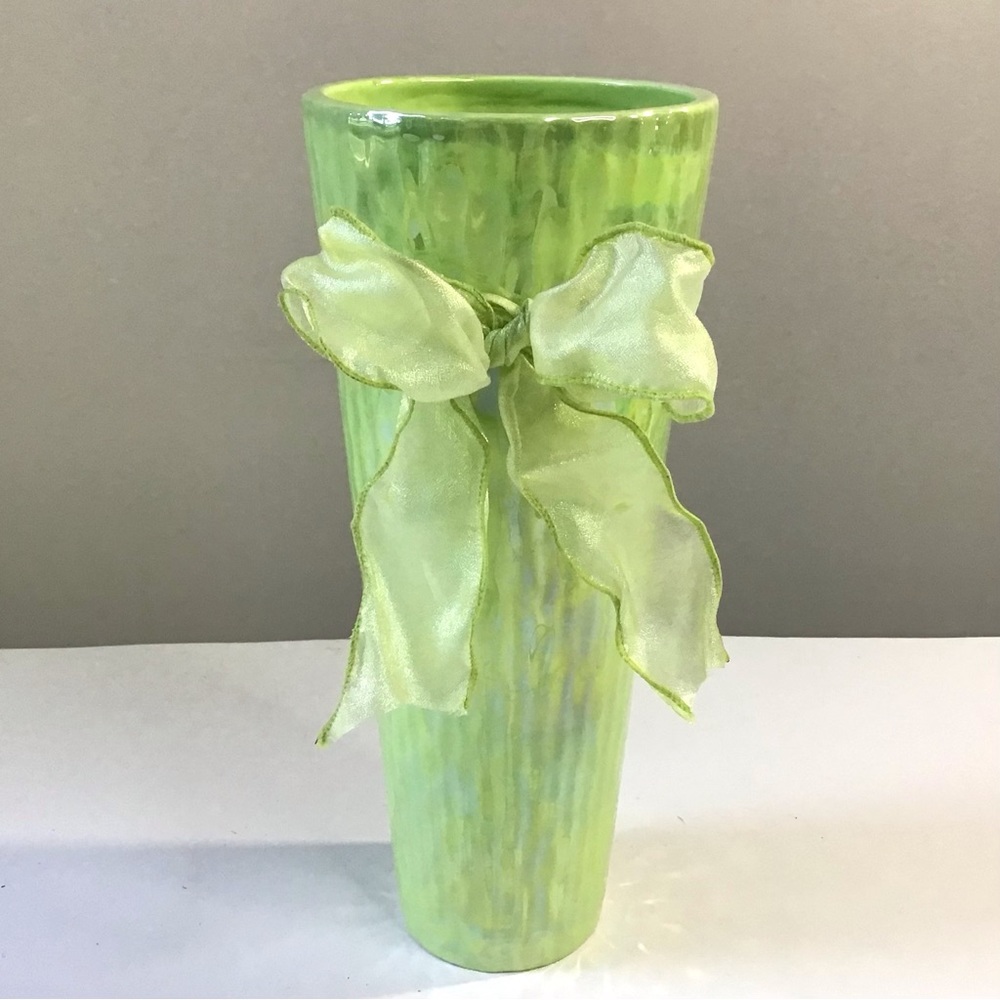 Vintage Green Iridescent Vase With Holes For Bow 10” Tall Textured Shiny Skinny